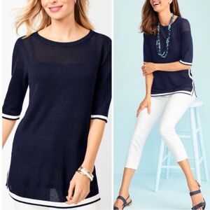 Talbots Navy White Tipped Linen Blend Sweater Size Small